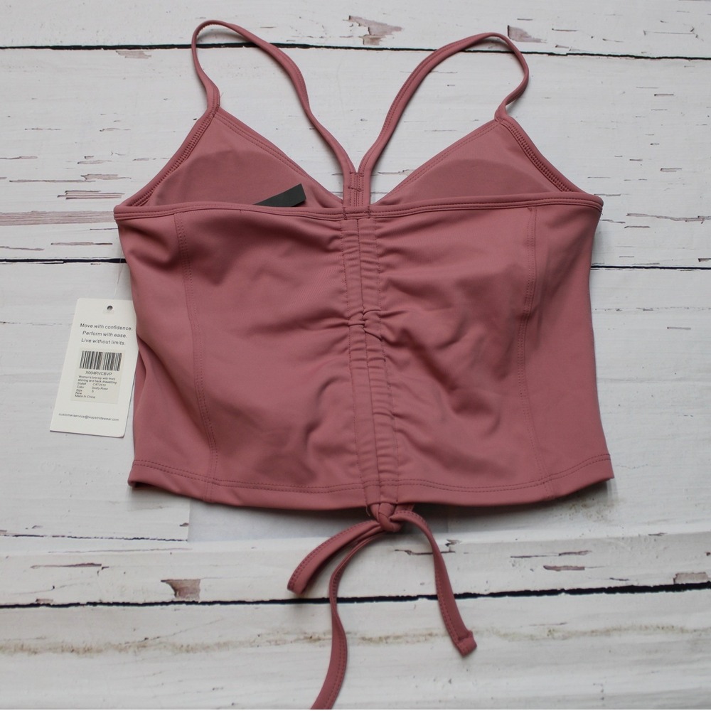 Leapstride Womens Bra Top Dusty Rose Ruched Front Back Drawstring S New - Picture 2 of 6